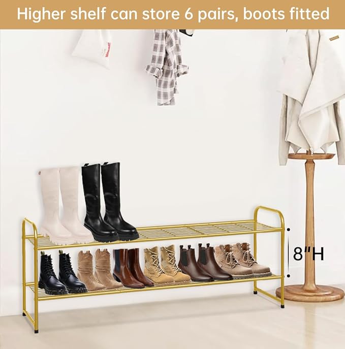 KEETDY 2-Tier Long Shoe Rack for Closet Metal Shoe Organizer for Entryway, Wide Stackable Shoe Storage Shelf with Sturdy Wire Grid for Closet Floor, Bedroom, Gold