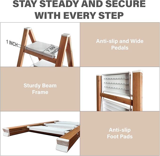 3 Step Ladder, Folding Aluminum Step Stool with Anti-Slip Wide Steps for Adults, Ideal for Kitchen, Closet, Bedroom, 330 lbs Capacity (Woodgrain) (Light Woodgrain, 3 Step)