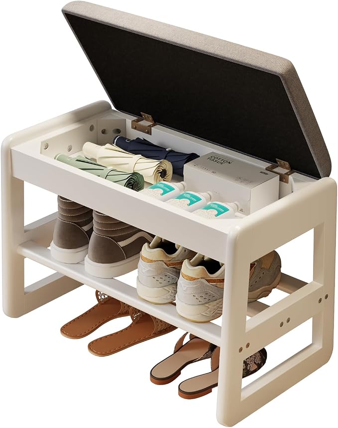 AQIMUELE Shoe Rack Bench,2 Tiers Shoe Bench with Storage with Flip-Top,Wood Shoe Rack for Entryway,Hallway（White Upholstered Seat,11.8" D x 23.62" W x 15.7" H）