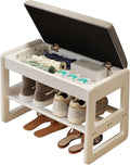 AQIMUELE Shoe Rack Bench,2 Tiers Shoe Bench with Storage with Flip-Top,Wood Shoe Rack for Entryway,Hallway（White Upholstered Seat,11.8" D x 23.62" W x 15.7" H）
