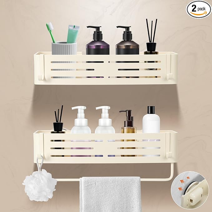 Lekesky Suction Cup Shower Caddy, No Drill Shower Shelves with a Towel Bar, Aluminum Rust Proof Bathroom Shower Organizer with 12 Hooks（2-Pack, Cream）