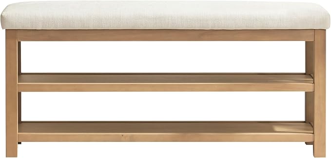 Zihanhome 2 Tier Shoe Rack Bench with Cushion, Solid Wood Shoe Benches, Mid-Century Modern Shoe Storage Bench for Entryway, Hallway, Living Room, Closet, Front Door Entrance, (Beige, 46.5")