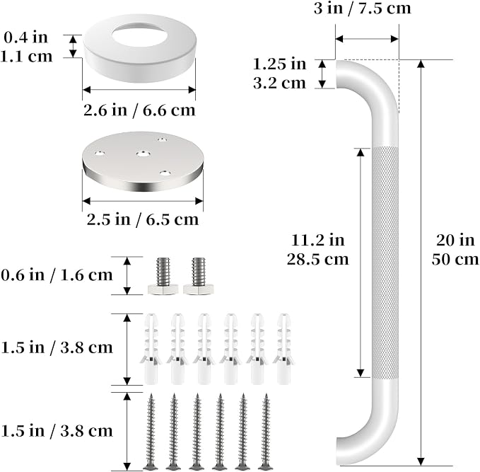 Shower Grab Bar 20 Inch, iHansee White Bathroom Grab Bar w/Anti-Slip Knurled Grip - 1.25" Diameter, Stainless Steel Bath Safety Bars for Senior Elderly, Wall Mounted Toilet Bathtub Balance Handrail