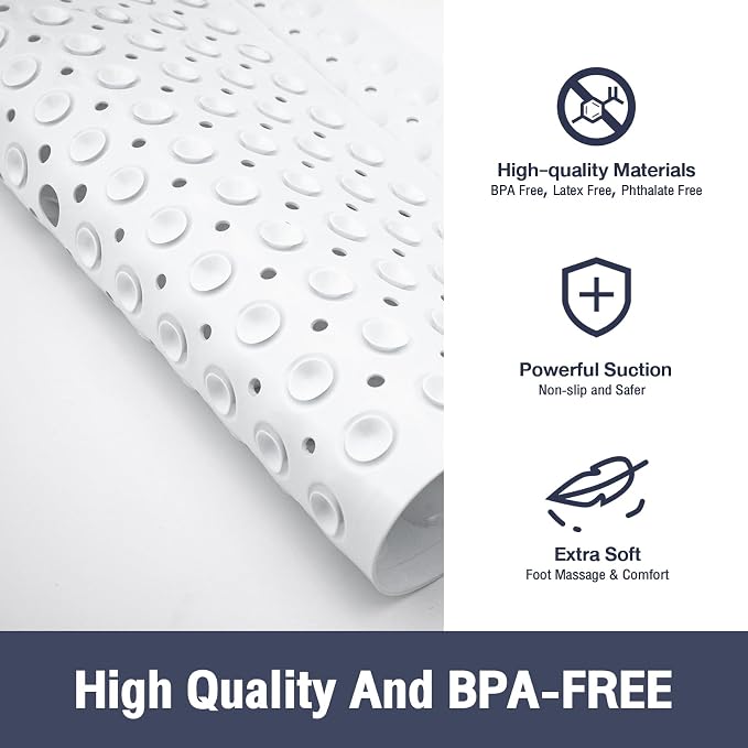 White Square Shower Bathtub Mat Non Slip 21x21 Inch, Soft Bath Mat for Inside Shower Tub, Shower Stall Mats for Bathroom Floor with Big Suction Cups Drain Holes, Easy Washable Dry BPA-Free