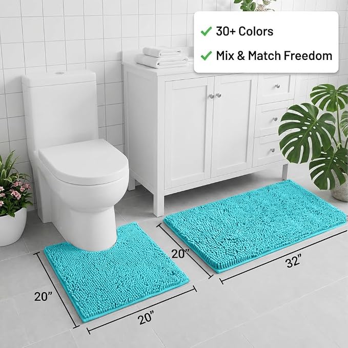 Bathroom Rugs Sets 2 Piece,Super Absorbent Chenille Bath Mats and U-Shaped Toilet Rug,Strong PVC Non Slip Backing,Microfiber Washable Dry Quickly Bath Mats for Bathroom(20"x32"+20"x20"U, Light Blue)
