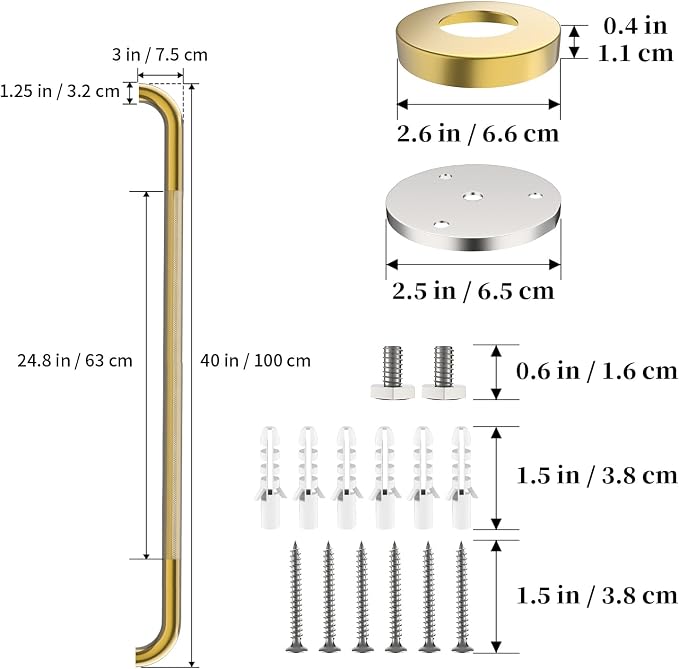 Brushed Gold Bathroom Grab Bar 40 Inch, iHansee Anti-Slip Grab Bars w/Knurled Grip, Stainless Steel Safety Handrail for Toilet Bathtub Shower, Wall Mounted Handicap Bars Handle for Senior Elderly