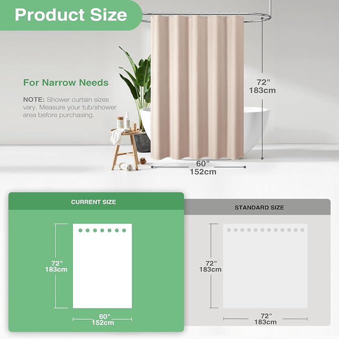 Dynamene Stall Shower Curtain - 60 inch Waffle Weave Heavy Duty Thick Fabric Shower Curtains for Bathroom, Weighted Hotel Spa Luxury Cloth Bath Curtain Set with 10 Plastic Hooks, 60x72, Rose
