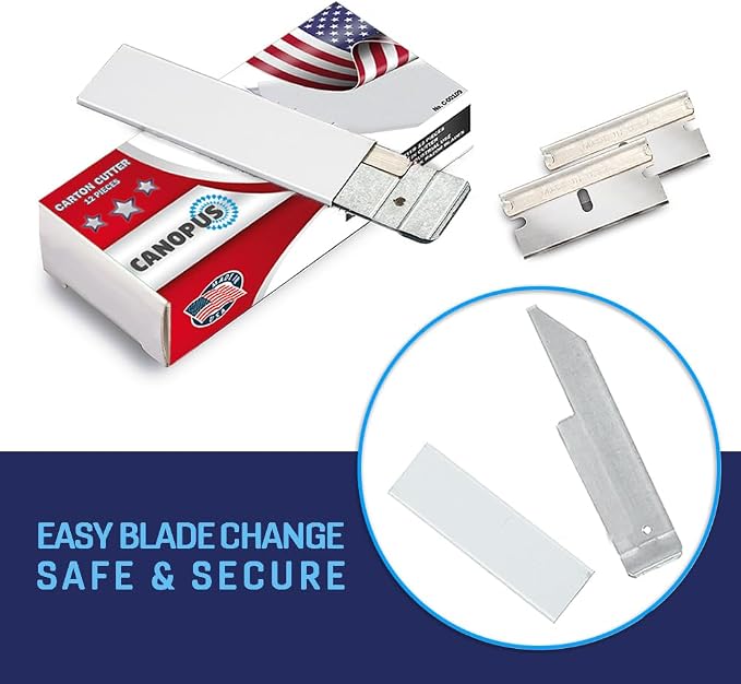 CANOPUS Box Cutters Retractable, Handy Cardboard Opener, Tap Open-Close, Utility Knife Set for Boxes, Packages and Papers, Works Also as Scraper, Full Metal Body, Box of 12, Made in USA