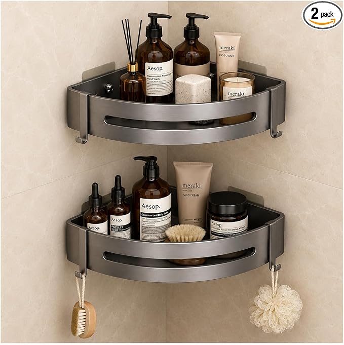 Corner Shower Caddy - 2 Pack Rustproof Stainless Steel Bathroom Organizer Shelves for Inside Shower, No Drill Adhesive Wall Mount Heavy Duty Storage Rack with 4 Hooks, Gunmetal
