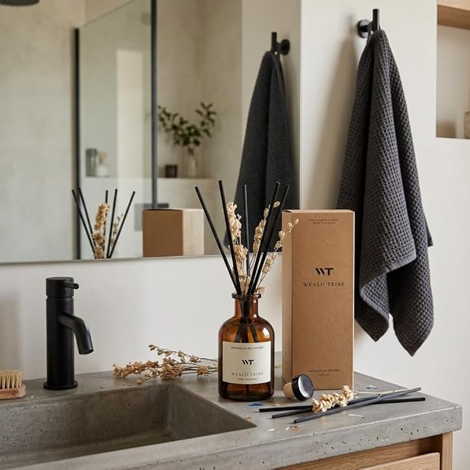 WEALD TRIBE Reed Diffuser Set for Bathroom Shelf Decor, Sticks Diffuser with Essential Oils Included | Early Summer Gardenia Scent 4.0 fl oz Fragrance Oil | Defusers for Home Apartment Essentials