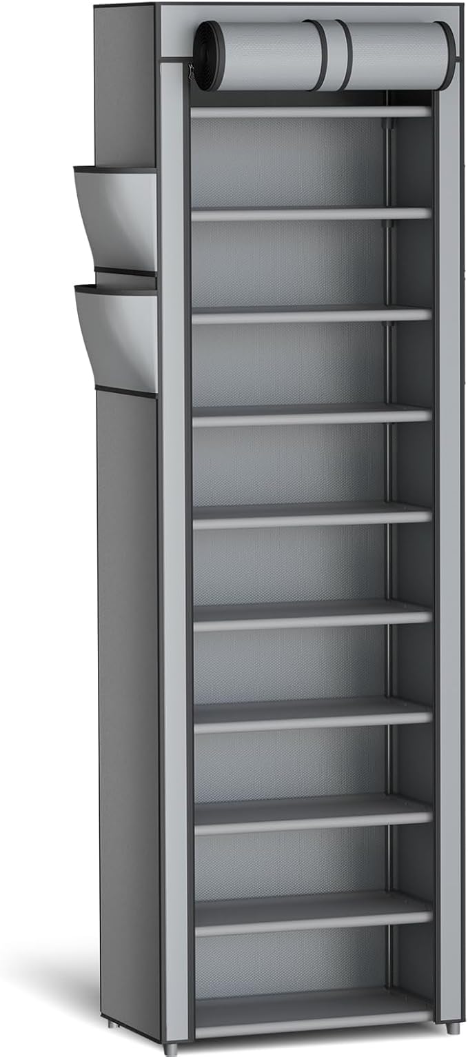 Kitsure Shoe Rack - 10-Tier Large Capacity Shoe Organizer Shelf with Dust Cover & Side Pockets, Rust-Proof Metal Shoe Rack for Closet, Entrance, Living Room, 17.5" x 12.4" x 69.3", Grey