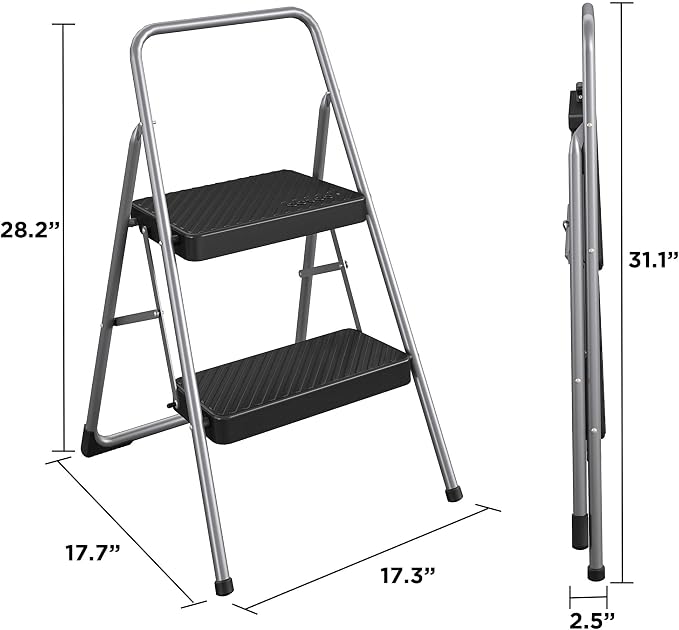 CoscoProducts COSCO 11137PBL1E 2 Household Folding Step Stool, ANSI Type 3, 200 lb Weight Capacity, Platinum