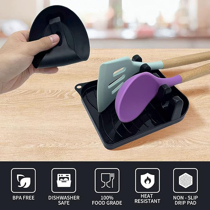 2 Pack Multiple Utensil Spoon Rest with Drip Pad Non-Slip Heat Resistant Kitchen and Grill Spoon Holder for Spatula, Ladle, Tongs, Kitchen Gadgets, and Cooking Accessories (Bright Black)