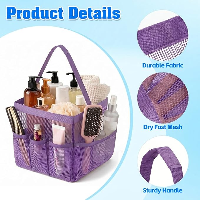 Mesh Shower Caddy Portable for College Dorm Room Essentials, Large Capacity Shower Caddy Dorm Bag with 9-Pockets, Quick-Dry Toiletry Organizer for Gym Beach Camping Travel Bathroom, Purple