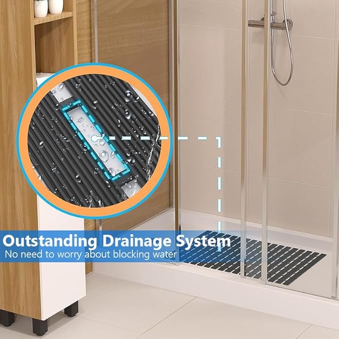 Bath Mat Non Slip Shower Mat Bathtub with Drain Holes and Heavy Duty Rubber No Suction Cups Sturdy Shower Stall Tub Mat for Bathroom, Shower Floor, Pool, SPA, (Black, 2FT X 38FT)