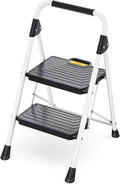TOOLF 2 Step Ladder, Sturdy Steel Step Stool with Anti-Slip Wide Pedals, Handrail, Safe-Lock Design, Folding Portable Ladder for Multi-Purpose, Home, Kitchen, Pass 800lbs Load Testing, White