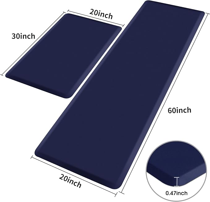 HappyTrends 2 PCS Kitchen Mat Cushioned Anti-Fatigue Floor Mat, Heavy Duty Ergonomic Comfort Foam Standing Mat, Waterproof Non-Slip Kitchen Rugs for Home, Office(20"x30"+20"x60",Navy)