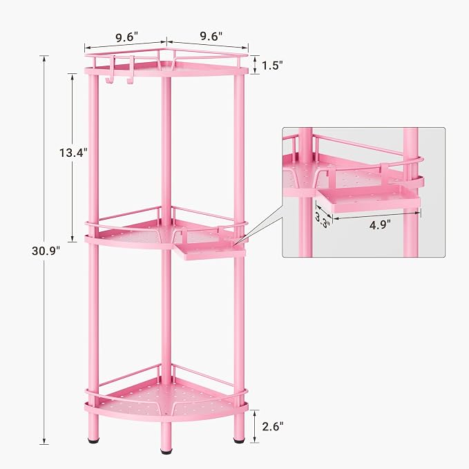 ELYKEN Corner Shower Caddy Standing, 3 Tier Rustproof Metal Shower Organizer with Soap Holder, Floor Shower Corner Shelf Rack Storage Stands with Adjustable Feet & 2 Hooks for Bathroom, Pink