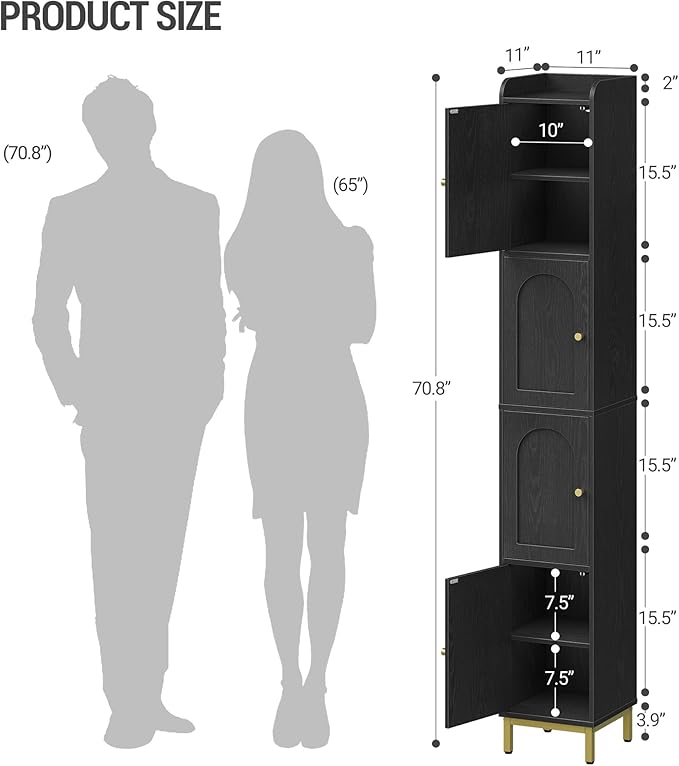 Hzuaneri 4-Tier Narrow Tall Storage Cabinet, Slim Bathroom Storage Cabinet with 4 Adjustable Feet and Shelves, Bathroom Organization for Small Space, Kitchen, Living Room, Laundry Room Black BC43304G