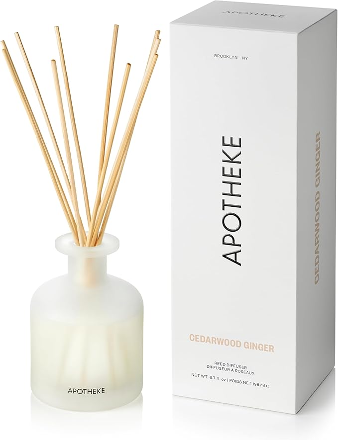 Apotheke Luxury Scented Reed Diffuser for Home, Cedarwood Ginger - 6.7 Fl Oz Essential Oil Aromatherapy - 10 Rattan Scent Sticks Room Diffuser - Long-Lasting Fragrance for Bedroom, Home, Bathroom