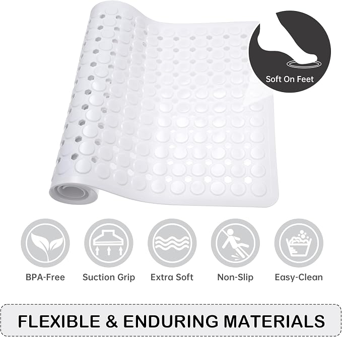 Non-Slip Bathtub and Shower Mats, Power Grip Bath Mat 35 x 16.3 Inch with Suction Cups and Drain Holes for Tub Bathroom Floor Safety, Machine Washable Soft Bathmat, White
