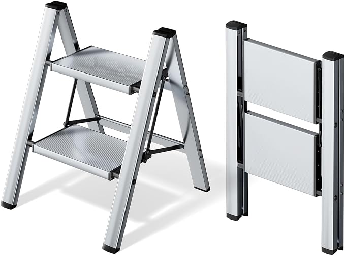 HillhutApex 2 Step Ladder, Lightweight Portable 2 Step Stool with Anti-Slip Wide Pedal,330lbs Capacity Aluminum Ladder for Household,Office,Library(Silver)