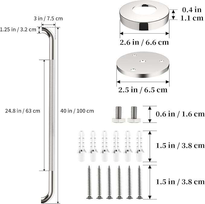 Chrome Bathroom Grab Bars 40 Inch, iHansee Anti Slip Grab Bar w/Knurled Grip, Stainless Steel Safety Handle for Bathtub, Wall Mounted Balance Support Handrail, Handicap Shower Bars for Senior Elderly