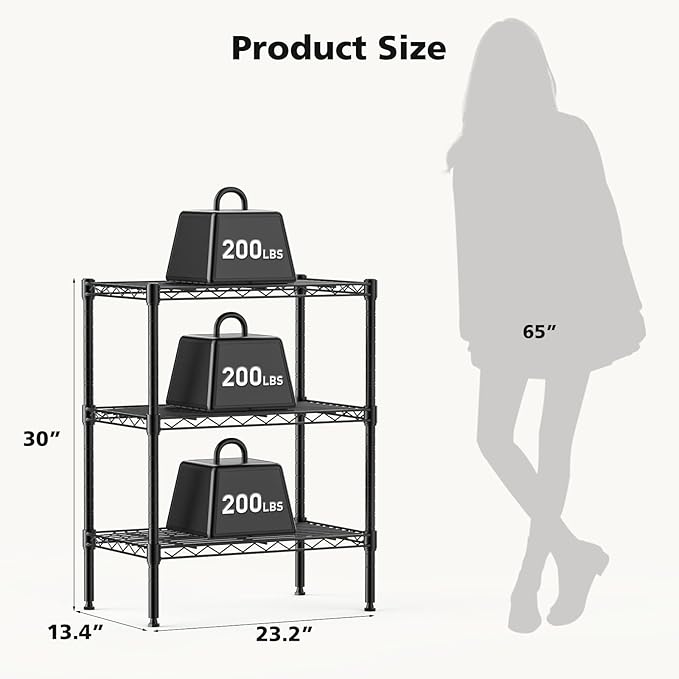 DUMOS 3-Tier Metal Wire Storage Shelves, Adjustable Standing Storage Rack Shelf, Heavy Duty Steel Shelving Unit Organizers for Kitchen Bathroom Pantry Garage, 23.3" Wx13.4 Dx30 H, Black