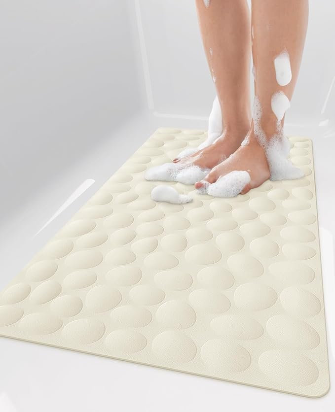 Bligli Non Slip Bathtub Mat, 16x31.5 Inch Standard Non-Slip Bathmats with Strong Suction Cups, Soft Rubber Anti-Slip Bathroom Floor Mat, Machine Washable, Comfort on Feet, 100% BPA Free (Beige)