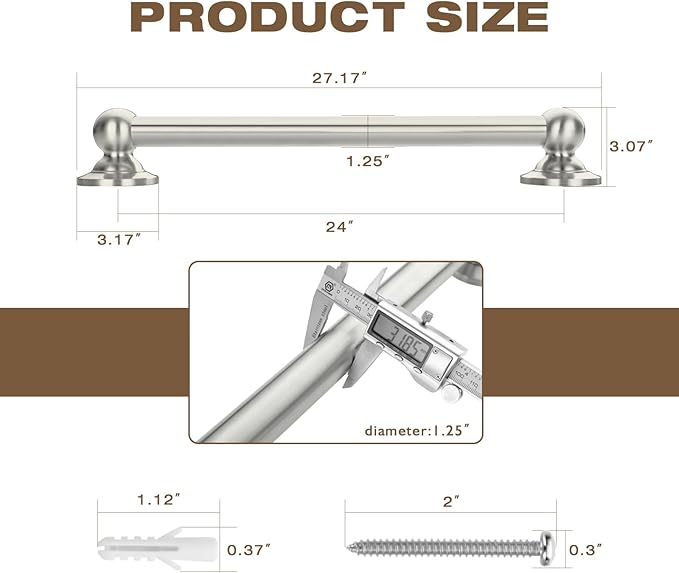 Anti Slip Shower Grab Bar, Safety Bathroom Assist Handle, ADA Compliant Handrail, Heavy Duty Handicap Grab Bars for Elderly, Injured, Senior, Children (Brushed Nickel, 24 Inches)