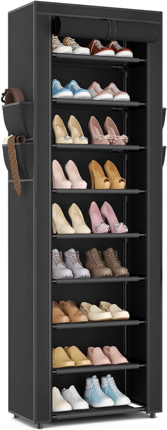 LANTEFUL Narrow Shoe Rack with Cover 10 Tier Tall Shoe Rack Organizer Large Capacity Shoe Shelf Storage 18-22 Pairs Space Saving Free Standing Shoe Storage Organizer for Closet, Entryway, Dorm, Black