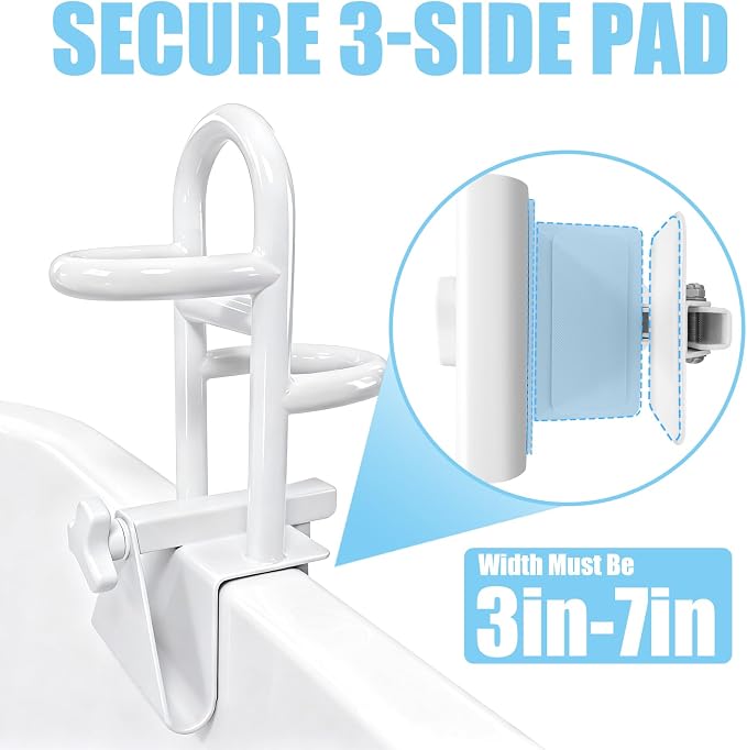 Adjustable Bathtub Safety Rail & Shower Grab Bar for Elderly | No-Drill Shower Handle Grab Bar, Secure Locking Tub Clamp Fits 3 to 7 Inch Tub Walls, Supports 330 lbs