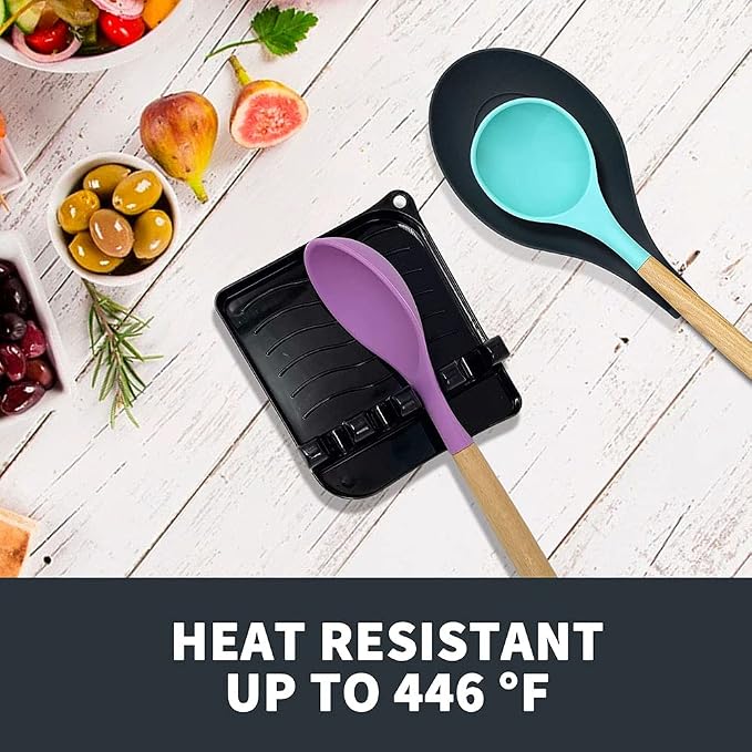 2 Pack Multiple Utensil Spoon Rest with Drip Pad Non-Slip Heat Resistant Kitchen and Grill Spoon Holder for Spatula, Ladle, Tongs, Kitchen Gadgets, and Cooking Accessories (Bright Black)
