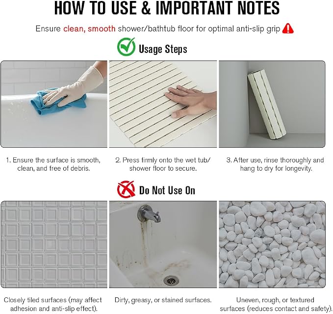 MBOSS Bath Tub Shower Mat Non Slip Bathtub Mats for Bathroom Shower Floor Mat Bath Mats for Shower Tub Anti Slip Shower Mat with Drain Hole and Large Suction Cups (Ivory White, 27.5 X 15.7 Inch)