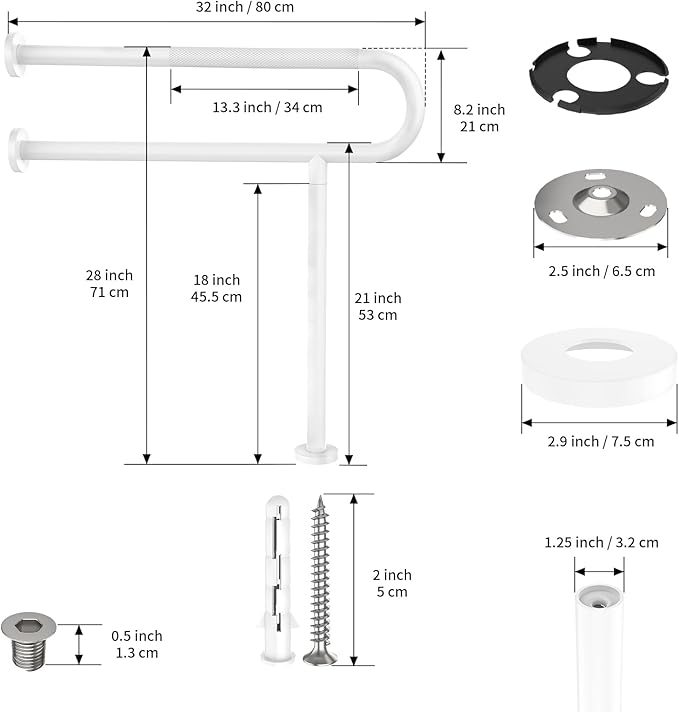 White Toilet Support Rail 32 Inch, Munzong Anti-Slip Floor to Wall Handicap Grab Bar for Bathroom, Stainless Steel Knurled Safety handrails with Leg for Elderly Disabled Pregnant-1.25’Tube