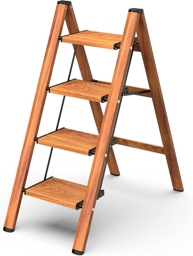 4 Step Ladder, Aluminum Folding Step Stool with Anti-Slip Sturdy and Wide Pedal, Lightweight Portable Stepladder for Home and Kitchen Use, Woodgrain, 330 lbs