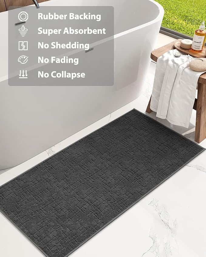 AMOAMI-Bath Mat-Absorbent Quick Dry Bathroom Floor Mats-Washable Rubber Backing Bath Mats for Bathroom Rugs Fit Under Door-Bath Rug for in Front of Sink Bathtub Shower Room, Dark Grey 24''x70''