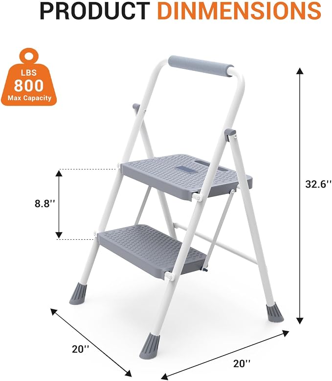 Sweetcrispy Folding 2 Step Ladder Stool - Lightweight, 800lbs Sturdy, with Anti-Slip Feet - Perfect for Home, Kitchen, and Office Use, Easy Storage and Portable Design, Grey