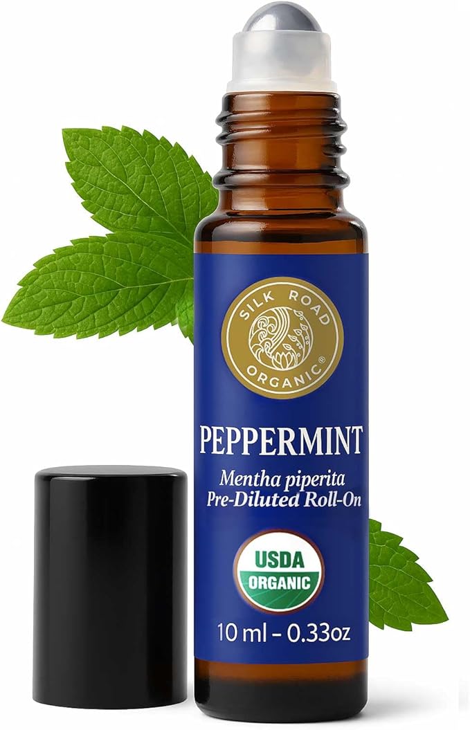 Silk Road Organic Peppermint Essential Oil Roll on for Head Tension, Nausea, Morning Sickness, Energy & Focus – 10ml USDA Certified Aromatherapy Roller - Always Pure, Always Organic