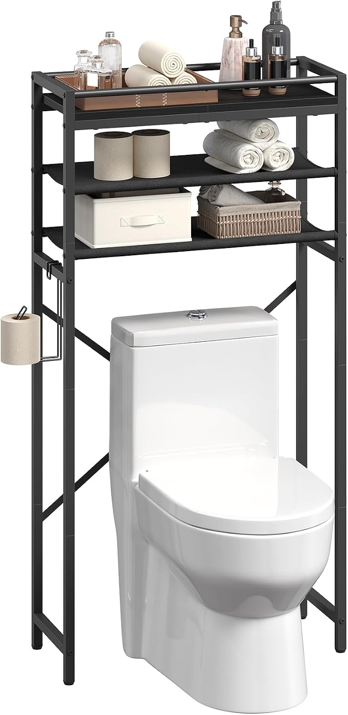 MAHANCRIS Over Toilet Storage, 3-Tier Bathroom Organizer Shelf with Toilet Paper Holder, Freestanding Space Saver Bathroom Shelves Above Toilet for Bathroom, Laundry Room, Black TSBK1201