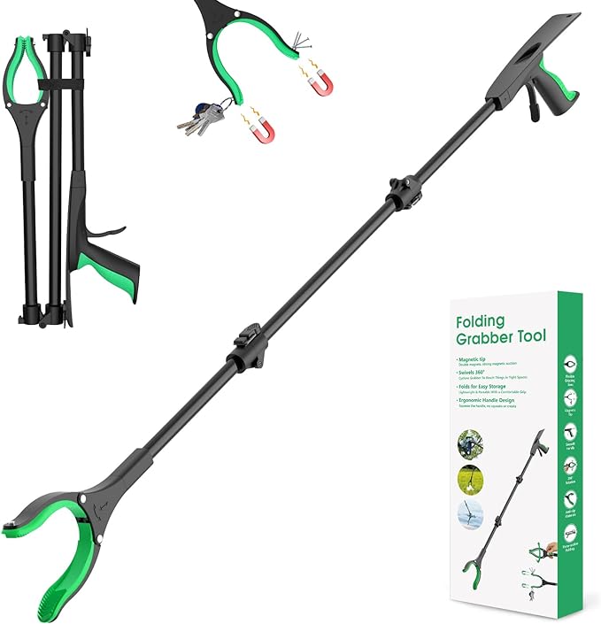 51" Heavy Duty Grabber Reacher Tool, Black & Green | For Seniors/Disabled/After Surgery Recovery, Extra Long Foldable, With Shoehorn, 360° Rotating Anti-Slip Claw, Magnetic Tip