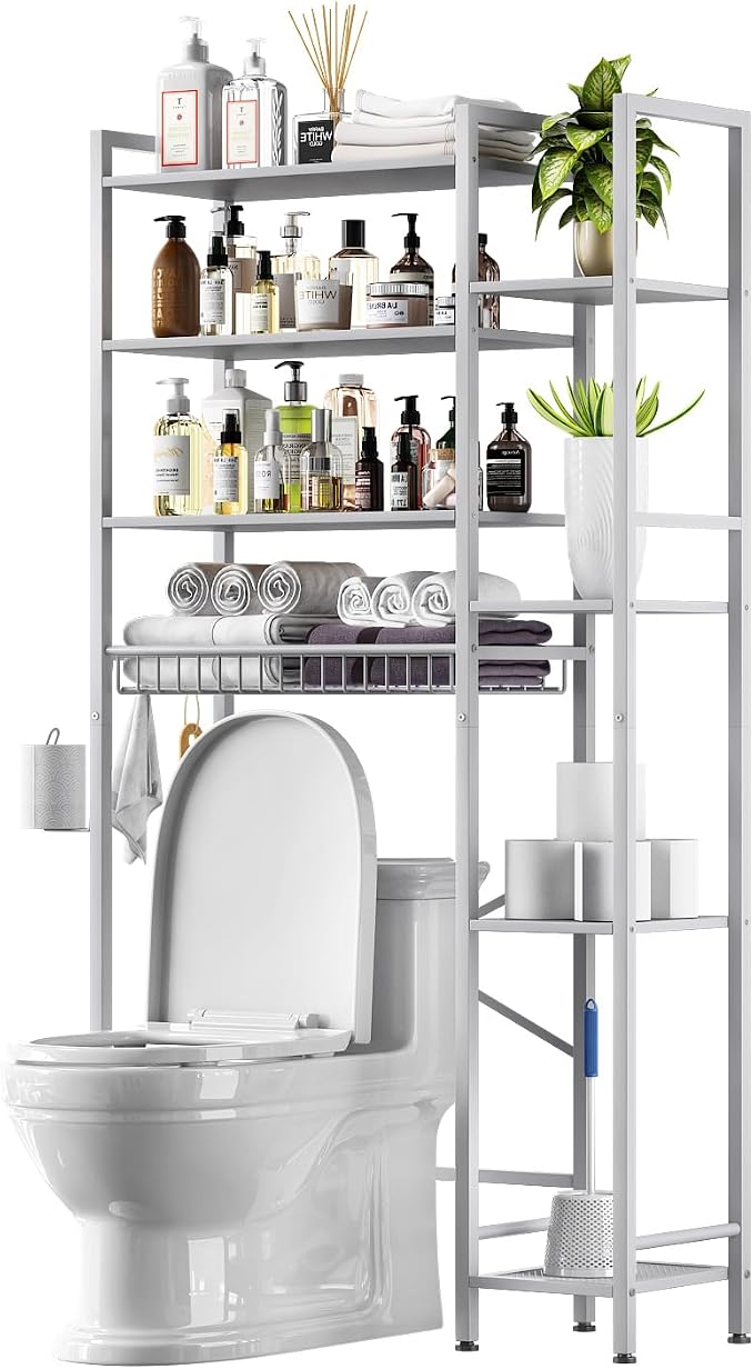 Kalrin 8-Tier Over The Toilet Storage with Side Rack, Over Toilet Storage Rack with Adjustable Shelf & Drain Basket, Freestanding Bathroom Organizer for Balcony, Laundry (Pure White)