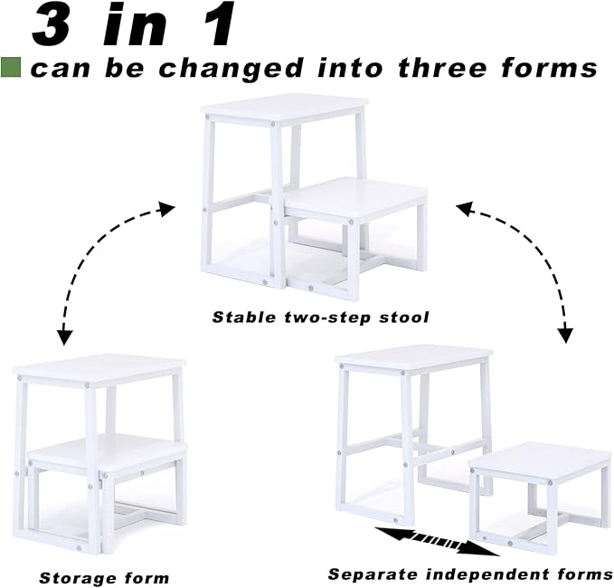 Step Stool for Adults, Holds up to 500Lb,3 in1 Heavy Duty Sturdy 2 tair Wooden StepStool for Kichen/Bathroom/High beds, Metal Frame, Non-Slip Pads