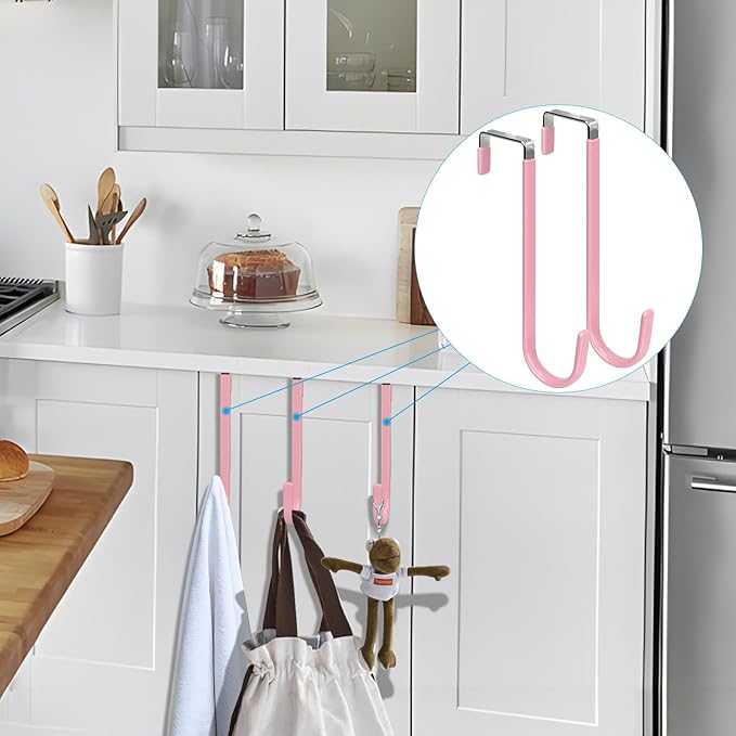 FYY Over the Door Hooks, 4 Pack Upgraded Long Door Hangers Hooks with Rubber Prevent Scratches Heavy Duty Organizer Hooks for Hanging Clothes, Towels, Hats, Coats, Bags Pink