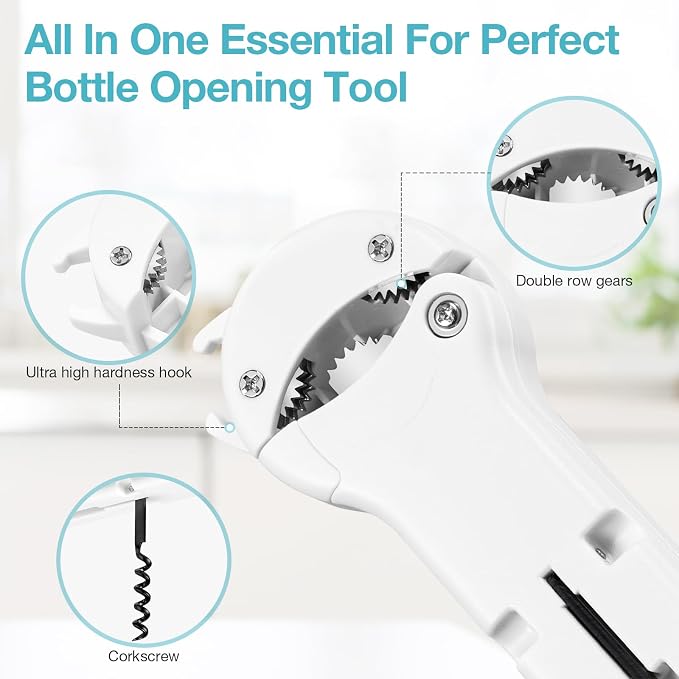 Jar Opener for Seniors with Arthritis, 7 in 1 Bottle Opener and Wine Corkscrew, Easy Grip Kitchen Gadget for Weak Hands Elderly, Retractable Jaw Lid Opener with Magnetic Storage (Off-White)