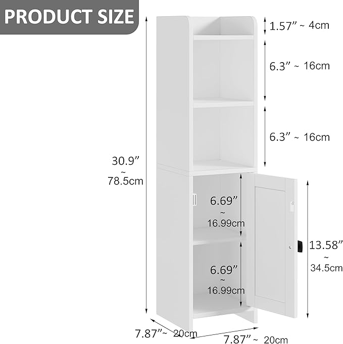Lomojo Small Bathroom Storage Cabinet Corner, Floor Cabinet with Adjustable Shelves, Freestanding Narrow Bathroom Toilet Paper Organizers for Small Spaces, White