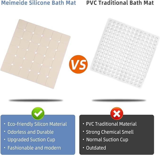 Shower Mat Non Slip 21"x21" Silicone Foldable Bath Mat with Suction Cups & Drain Holes, Odorless, Eco-Friendly & Durable, Machine Washable Shower Stall Mat for Adults, Seniors Beige