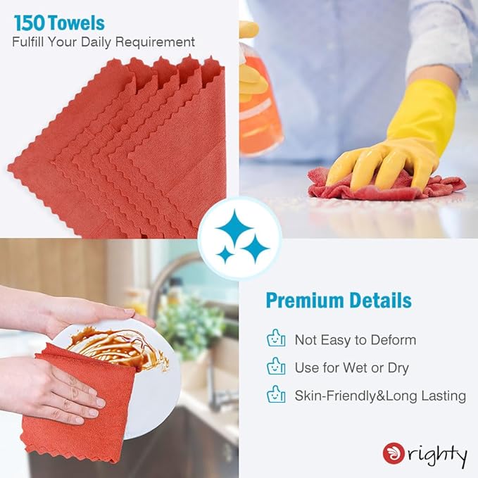 Orighty Cleaning Cloths Bulk, 150 Pack Shop Rags Reusable, Multi-Purpose Shop Towels for Cars, Microfiber Cleaning Rags for Automotive, Mechanic, Kitchen, Lint Free Towels 12x12 Inch, Red