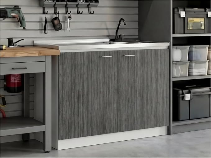 Tuhome Napoles Utility Sink Base Cabinet with Integrated Stainless Steel Countertop, Freestanding Cabinet with Double Doors, Interior Shelf for Laundry Room, Utility Room, Mudroom or Kitchen