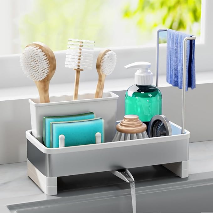 Sink Caddy Organizer, Kitchen Sponge Holder for Sink with Quick Drain Tray & Detachable Towel Rack, Sturdy Rustproof Kitchen Countertop Organizer for Sponge Soap Dispenser (White)